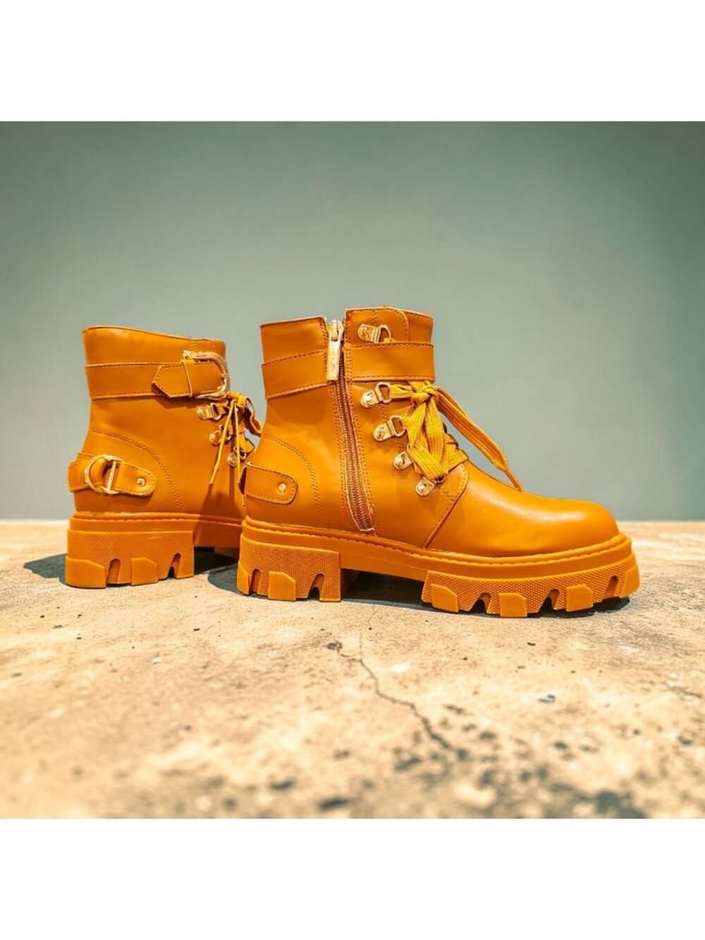 Chunky Tan Combat Boots With Buckles & Zipper Design For Women - Picture 7 of 9